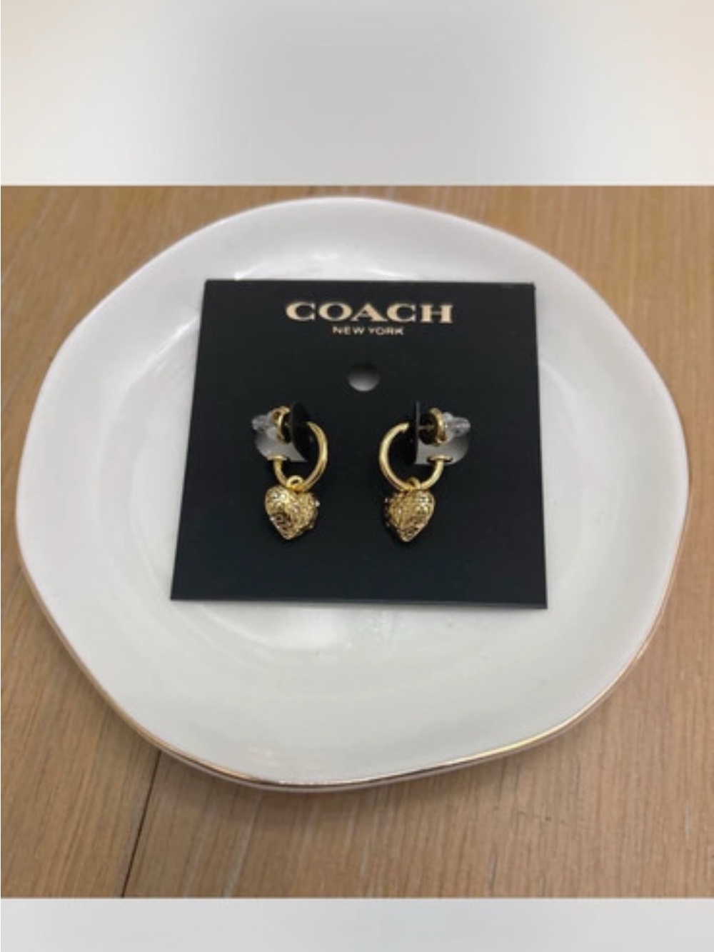 COACH Gold Heart Charm Hoop Earrings - Gold Tone